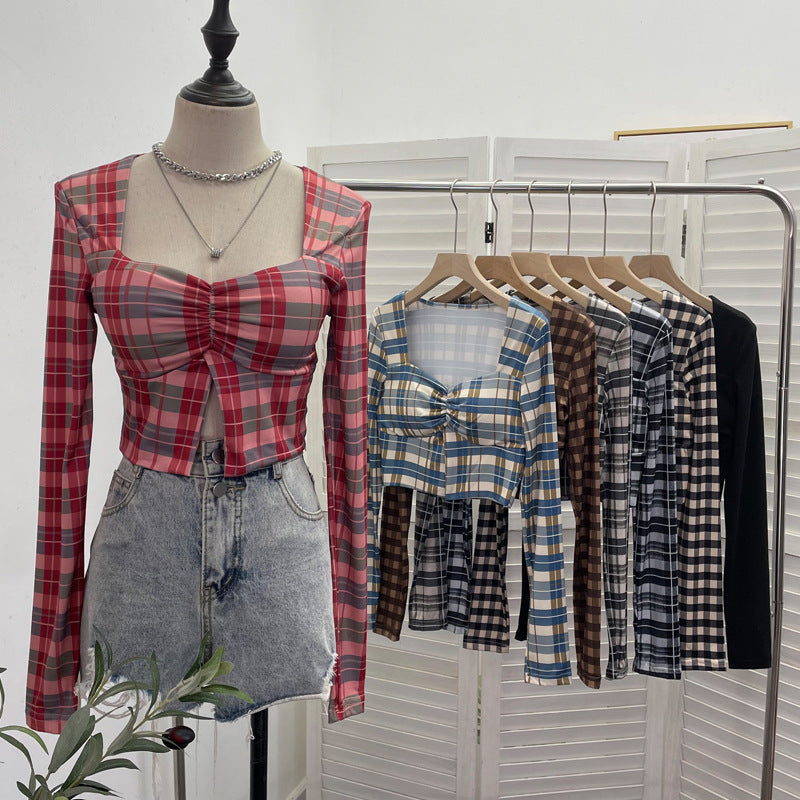 Square Neck Slit Plaid Short Crop Top