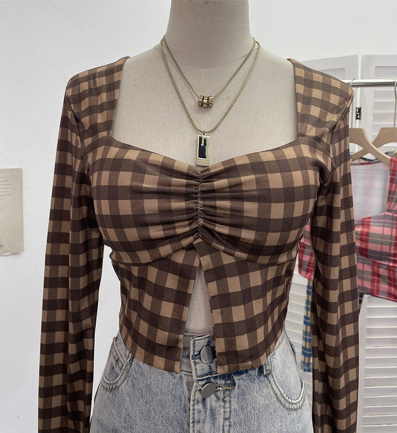 Square Neck Slit Plaid Short Crop Top