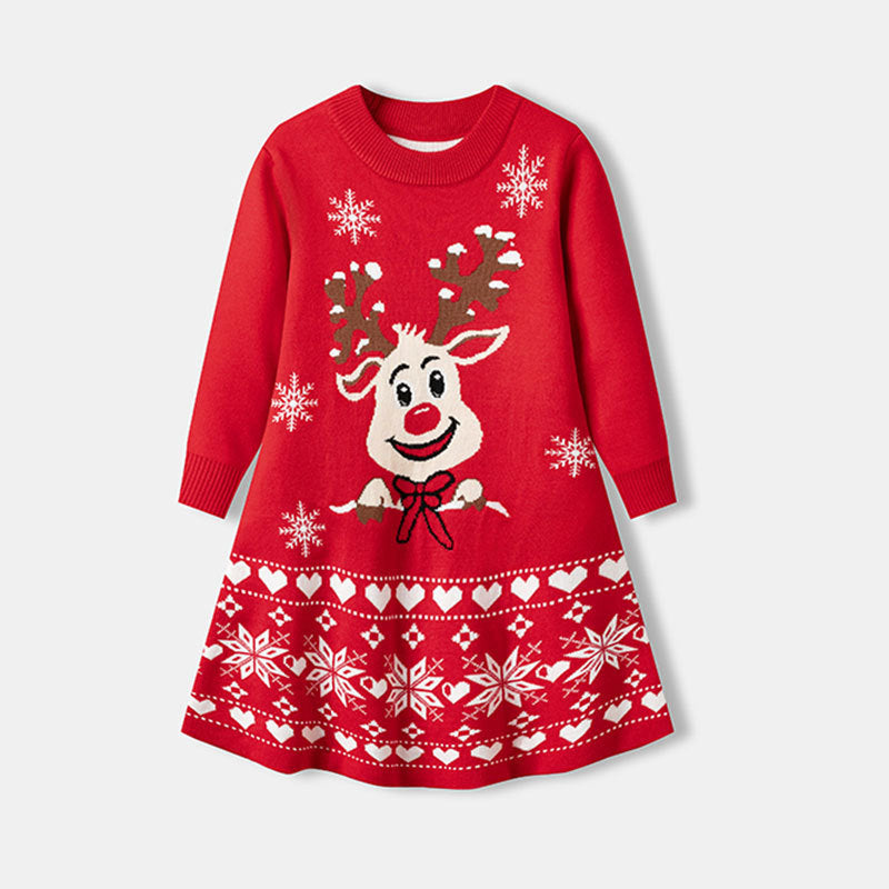 Christmas cartoon deer fur dress children's pullover knitted dress