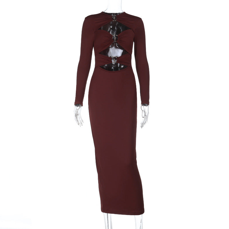 Metal buckle hollowed out long sleeved slimming skirt with wrapped buttocks