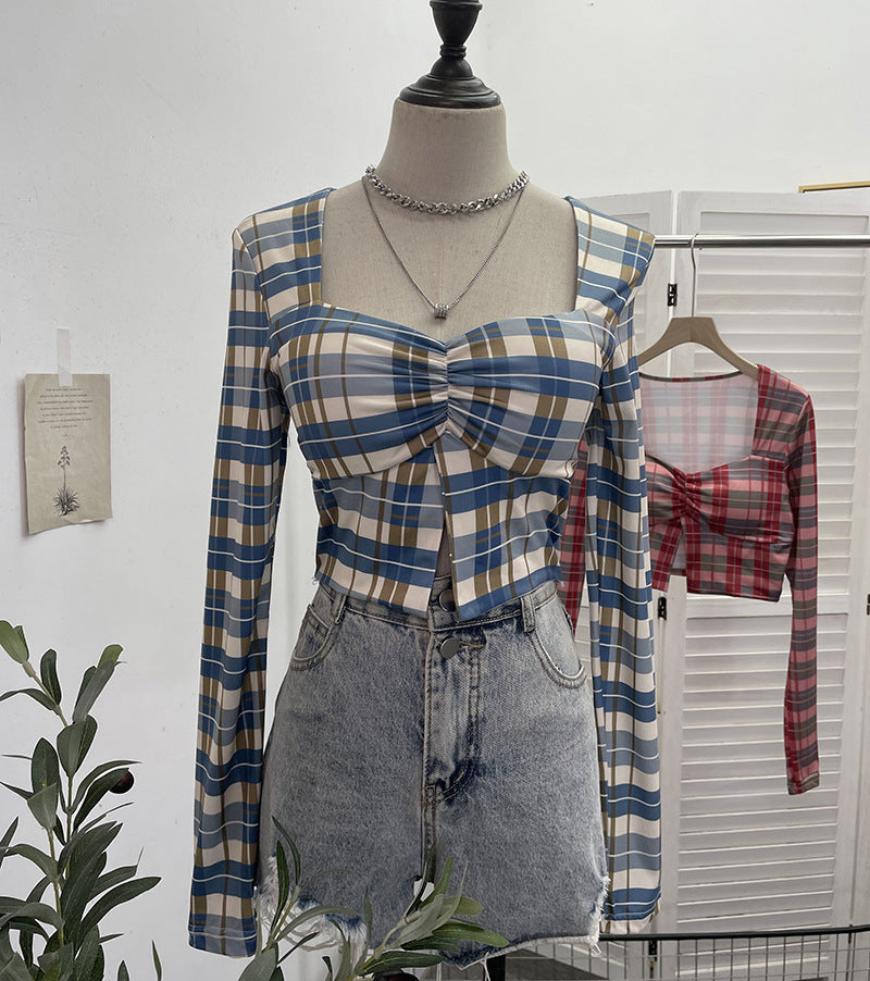 Square Neck Slit Plaid Short Crop Top