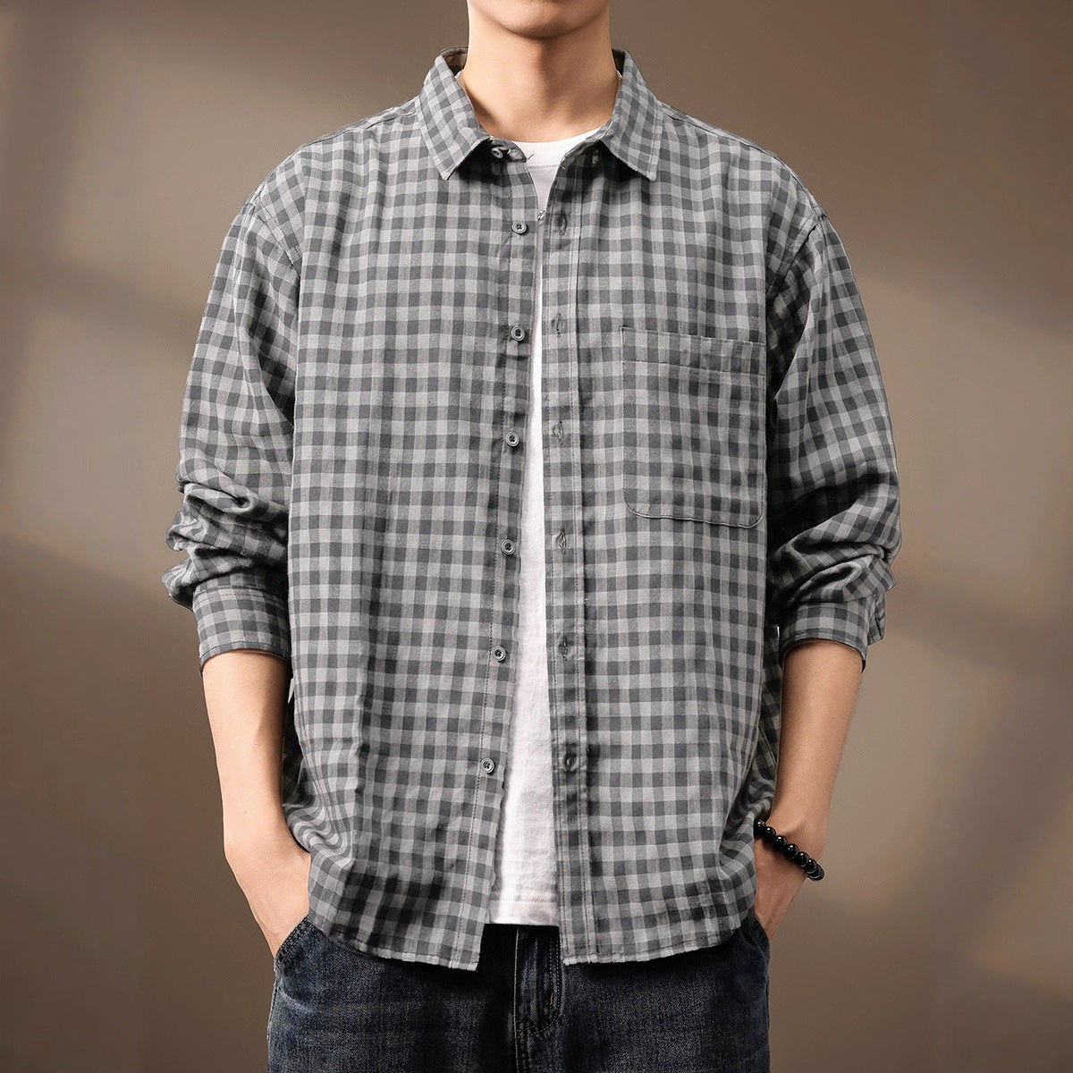 High-end Tencel Woven Plaid Shirt Men's Loose Casual Versatile Workwear Shirt Jacket