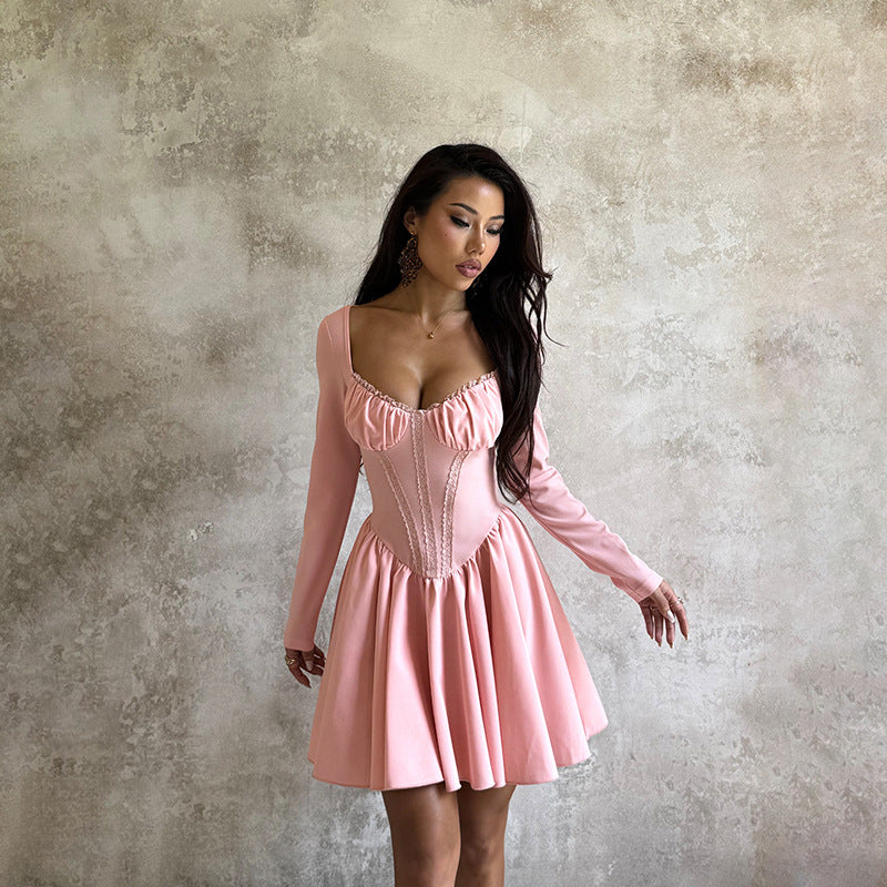 Square collar lace trimmed long sleeved waist cinched dress