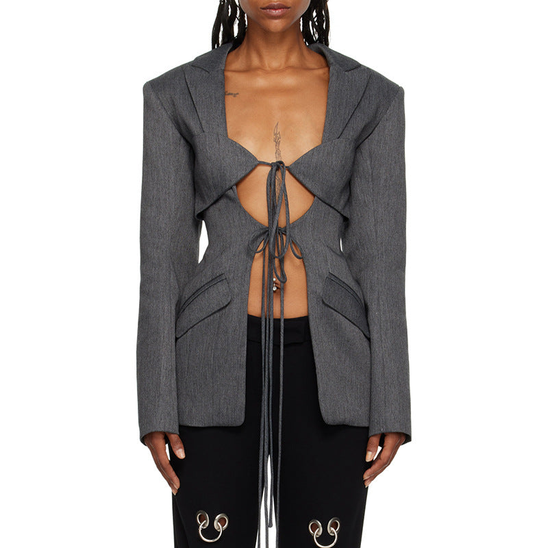 Irregular suit hollowed out lace up suit jacket for women