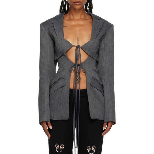 Irregular suit hollowed out lace up suit jacket for women
