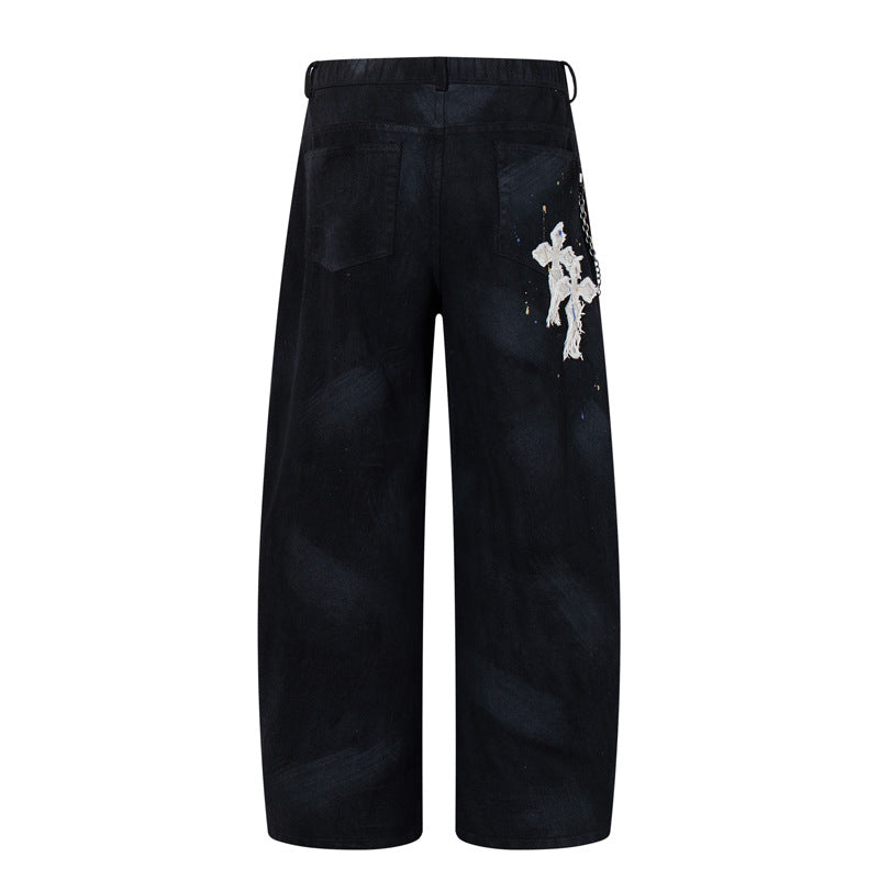 Street Style Luxury Cross Patch Embroidery Color Splatter Hand-painted Straight Leg Hip-hop Loose Jeans